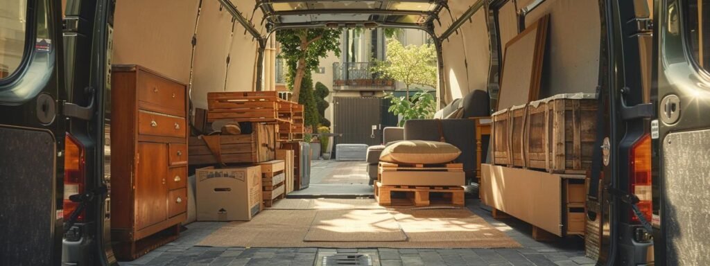a meticulously organized moving van interior showcases an array of securely crated antique furniture, emphasizing specialized handling techniques with custom padding and professional care, set in a well-lit urban environment.