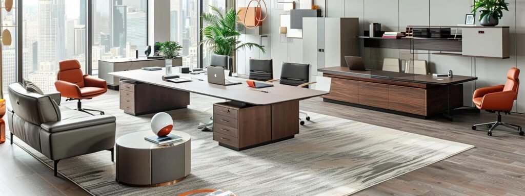 a modern office interior showcases a dynamic furniture arrangement process, featuring an expert team strategically repositioning sleek, contemporary pieces to optimize space and enhance productivity in a bright, well-organized environment.