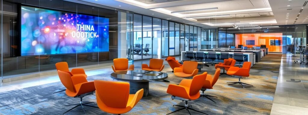 a modern office meeting room featuring a diverse group of professionals engaged in a collaborative discussion about moving services, with a clear focus on a large screen displaying promotional offers and community engagement highlights in a sleek, well-lit environment.