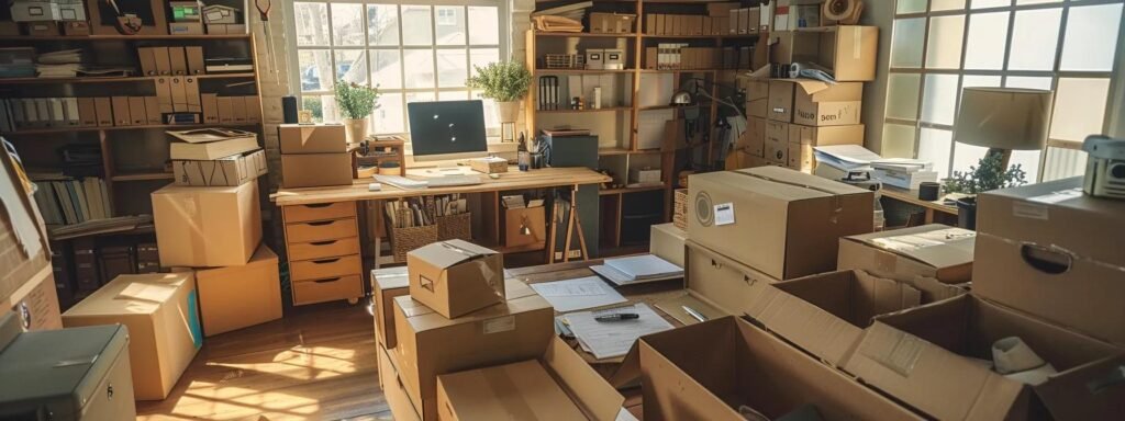 a neatly organized home office cluttered with packing boxes, a central packing station equipped with tape, scissors, and an inventory list, exuding a sense of strategic preparation for an efficient relocation.