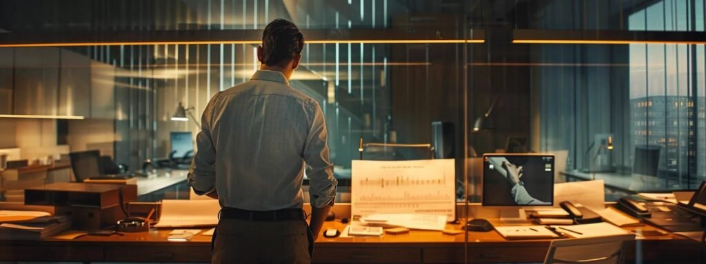 a polished office setting with a focused professional reviewing detailed legal documents and charts on moving regulations, illuminated by soft overhead lighting, conveying the importance of understanding laws and consumer rights when hiring movers.