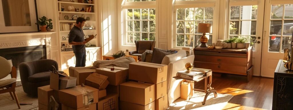 a professional moving consultant conducts a detailed in-home estimate with a homeowner, surrounded by boxes and furniture in a well-organized living room, emphasizing the personalized attention and careful evaluation necessary for a successful move.