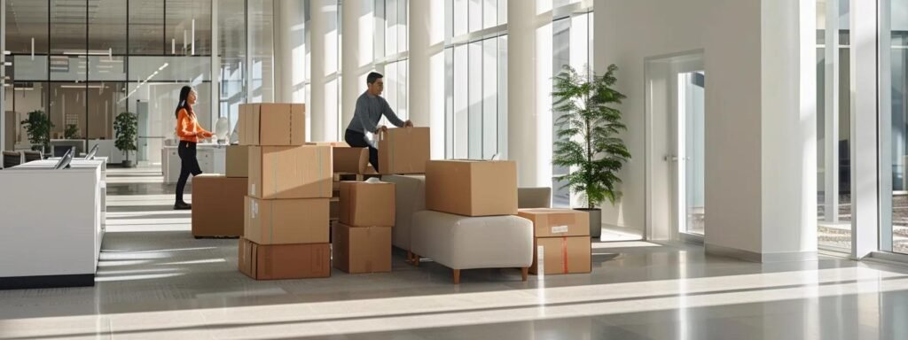 a professional moving team expertly arranges high-value office furniture in a modern corporate workspace, surrounded by sleek design elements and a well-organized atmosphere that emphasizes efficiency and care.