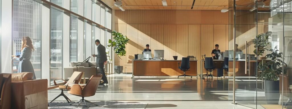 a professional moving team seamlessly rearranges modern furniture in a sleek, well-lit urban office, showcasing their meticulous organization and expertise in creating efficient, stress-free spaces.
