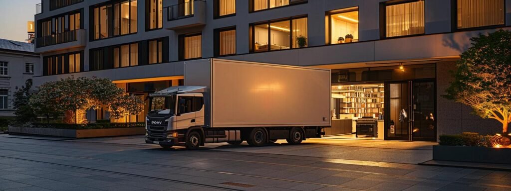 a sleek, modern moving truck is parked in front of a contemporary urban apartment building, showcasing a well-organized interior filled with neatly packed furniture, highlighting the professionalism and efficiency of the furniture moving services.