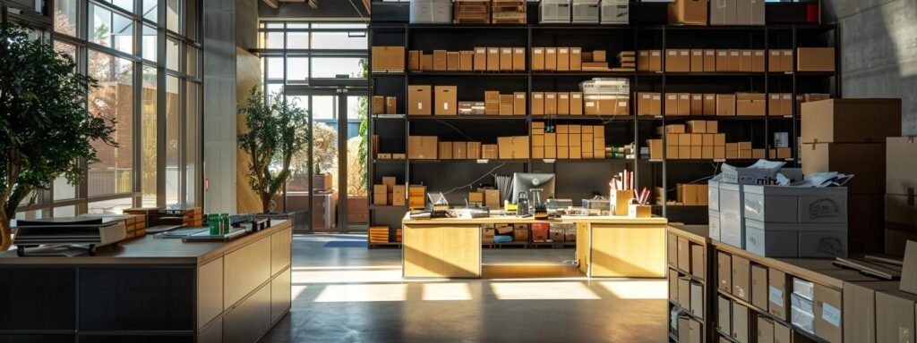 a sleek, modern office space filled with organized boxes and packing supplies, showcasing efficient packing methods with clear labels and streamlined workflows, illuminated by bright, focused lighting to highlight the meticulous arrangement.
