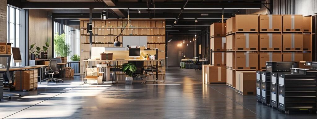 a sleek, modern office space is divided into two contrasting sections: one showcasing efficient packing techniques with organized supplies and labeled boxes, while the other exhibits traditional packing methods cluttered with mismatched materials, emphasizing the stark differences in approach.