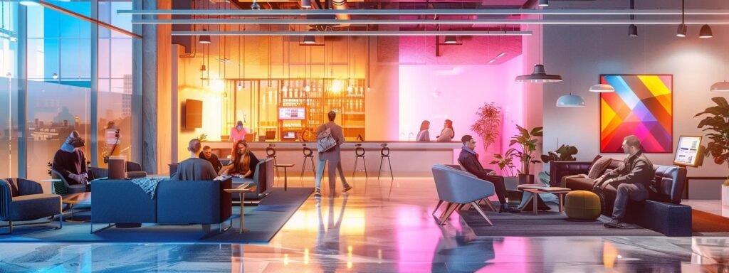 a vibrant, futuristic office space filled with diverse individuals engaging with digital platforms on sleek devices, showcasing a seamless online experience for connecting with local moving companies amidst modern decor and bright, focused lighting.