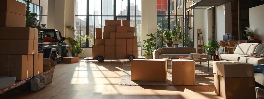 a well-organized moving scene depicting neatly packed boxes in a modern, spacious living room, with a focus on a checklist highlighting final preparations and attention to detail as a moving truck is ready outside.