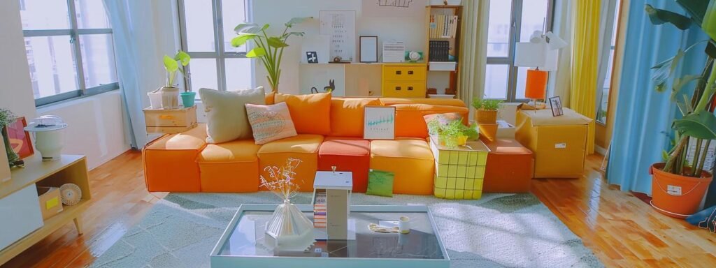 a well-organized moving scene inside a bright, modern living room, showcasing color-coded boxes neatly labeled for each room, while a detailed inventory is prominently displayed on a stylish table, creating an atmosphere of efficiency and preparedness.
