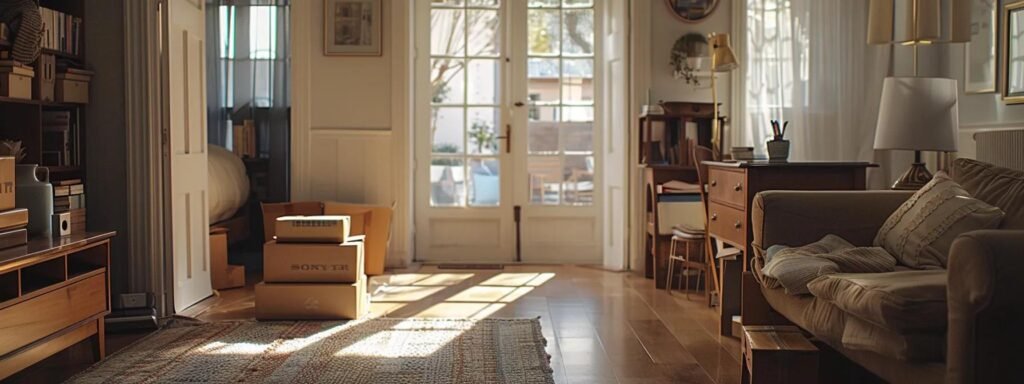 an organized, well-lit living room with furniture strategically pushed against the walls, showcasing clear pathways between doorways, while boxes are neatly stacked in a corner, capturing the essence of efficient home preparation for a seamless moving experience.