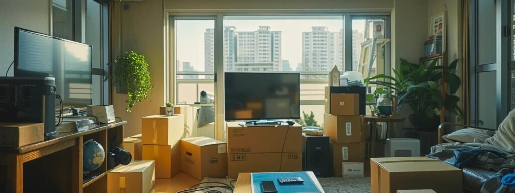an organized, well-lit urban apartment scene showcases expertly labeled boxes in a tidy room, emphasizing efficient packing strategies as movers prepare for a seamless transition to a new home.