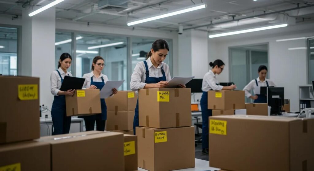 a bustling urban office filled with moving boxes, strategically organized labels, and an expert moving team efficiently coordinating logistics, all under bright artificial lights, conveying a seamless and professional relocation process.