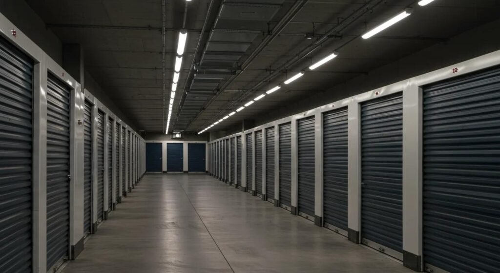 a sleek, contemporary storage facility featuring various sizes of climate-controlled units lined up in an organized manner, emphasizing professionalism and reliability in local moving solutions.
