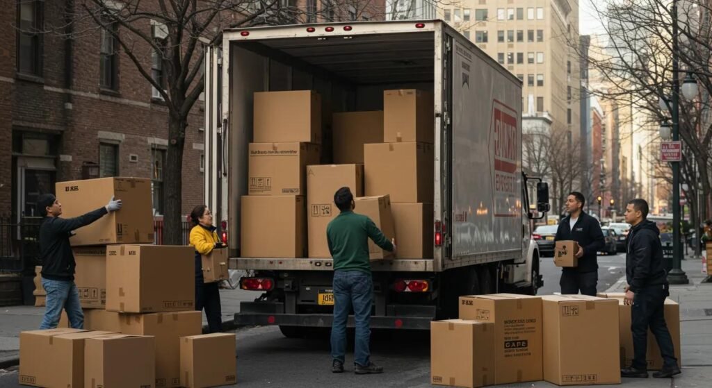 a bustling urban moving scene captures professional movers efficiently packing and loading a diverse array of boxes into a sleek moving truck, emphasizing the transparent and streamlined process of relocation in manalapan, nj.