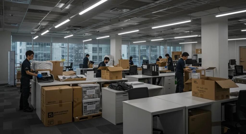 a bustling urban office space, meticulously organized with professional movers carefully packing high-end technology and office furniture, illuminated by overhead lights to showcase the strategic planning and efficient coordination of a commercial relocation in progress.