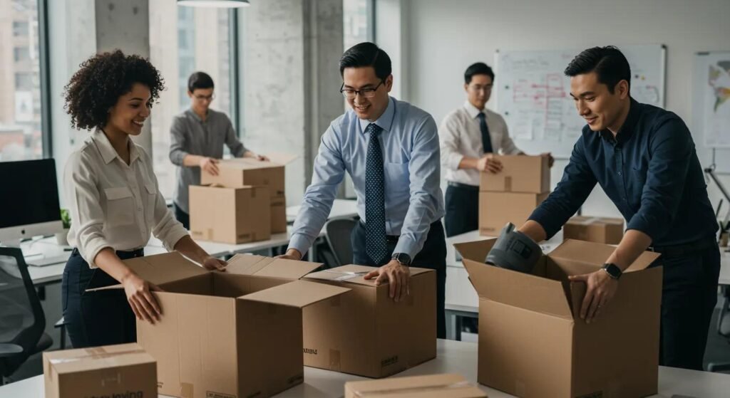 a bustling urban office environment showcases a diverse group of professionals meticulously organizing and packing boxes, symbolizing the careful selection of a reliable moving company in manalapan, nj.