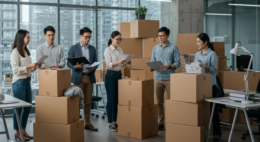 a bustling urban office environment showcases a diverse team strategizing over detailed moving checklists while surrounded by neatly packed boxes, symbolizing the organized preparation essential for a successful move.