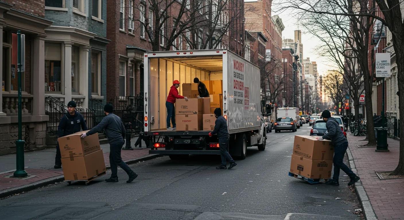a bustling urban moving service scene in manalapan, nj, featuring professional movers expertly packing and stacking boxes into a sleek moving truck in a well-organized street, conveying a sense of efficiency and reliability.
