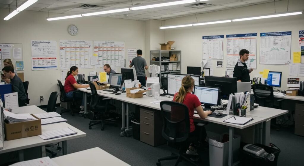 a busy urban moving company office in manalapan, nj, displays a large, organized workspace where professionals efficiently pack and label boxes, with a clear focus on transparent pricing charts and moving schedules on the walls.