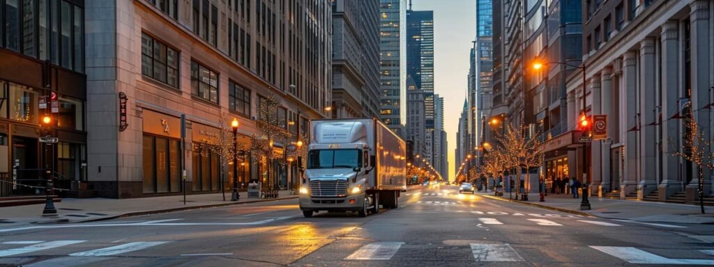 a bustling chicago street showcases the professionalism of next door movers llc, featuring a sleek moving truck against a backdrop of high-rise buildings, symbolizing the dynamic energy and trust of local residents in their moving services.