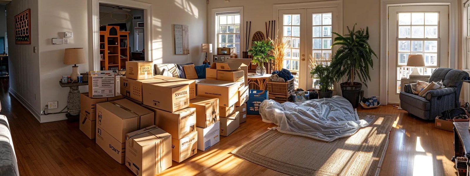 a bustling coastal bedroom community in sea girt, nj, captures a dynamic scene of professional movers efficiently packing and stacking boxes in a bright, organized living room, showcasing the energy and precision of a local moving service.