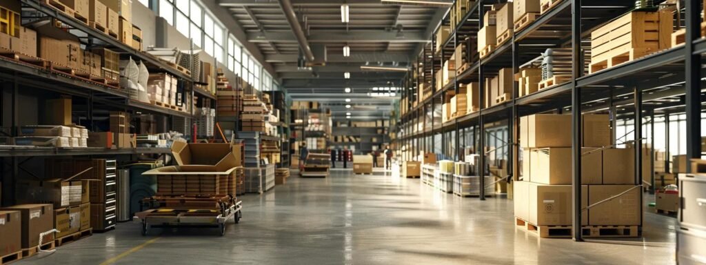 a bustling modern storage facility showcases neatly stacked boxes and industrial shelving, with movers actively organizing belongings, highlighting sea bright movers' secure and efficient storage solutions.