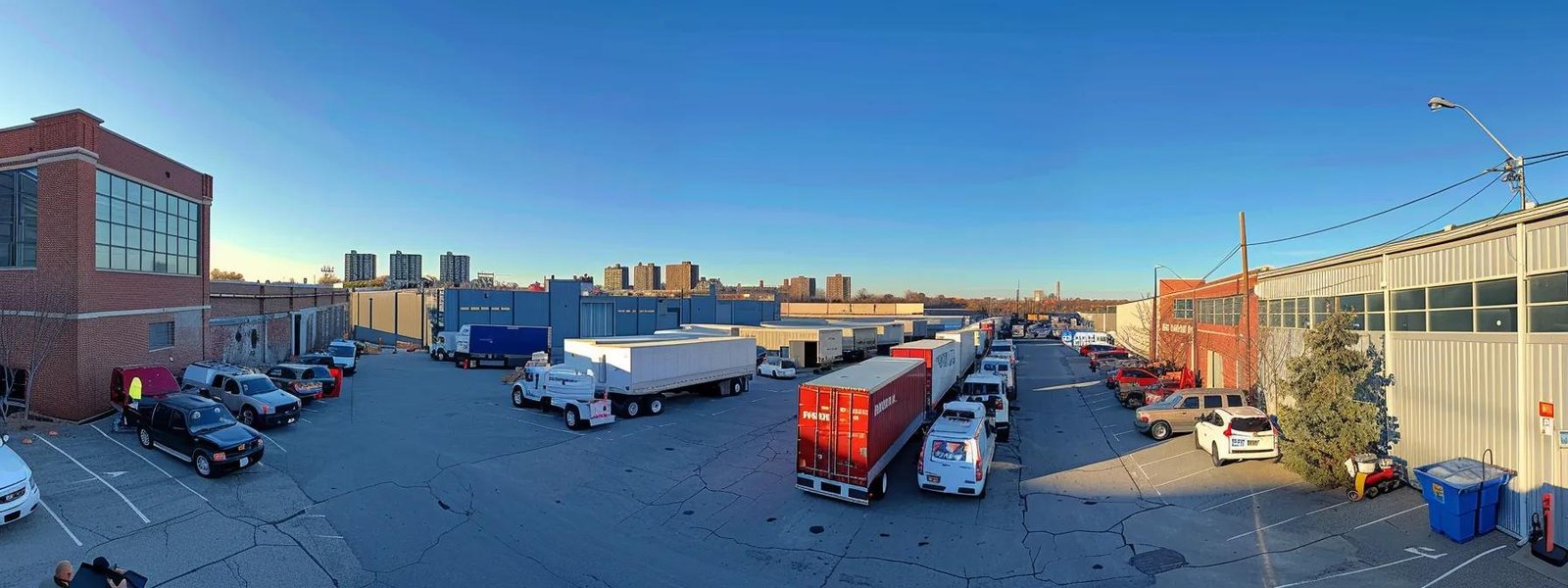 a bustling moving company in deal, nj, showcases a vibrant, organized fleet of trucks parked outside a modern warehouse, with efficient movers engaged in loading boxes, set against a clear blue sky and urban backdrop.