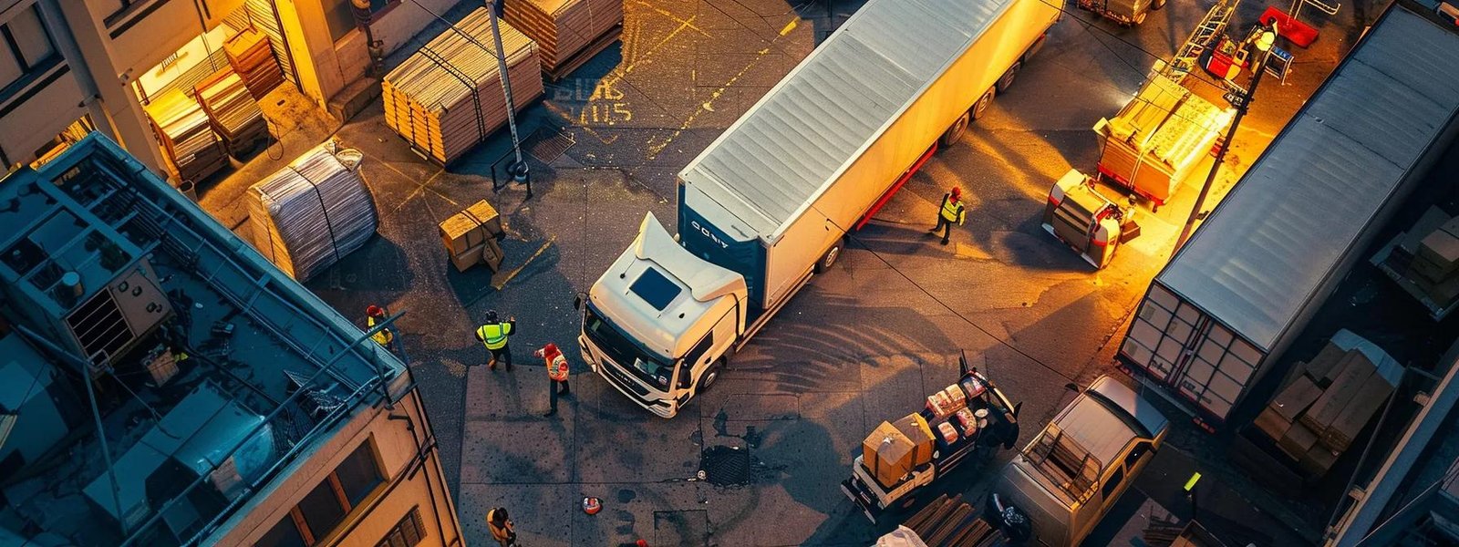a bustling moving company in an urban setting, showcasing a vibrant fleet of trucks surrounded by workers efficiently packing items into a modern office space, all illuminated by the warm glow of overhead lights.