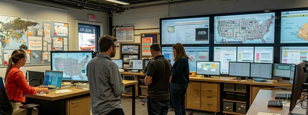 a bustling moving company office in fair haven, nj, showcases a team of focused professionals discussing logistics over detailed maps and digital screens, highlighting their varied services from local to long-distance moves.