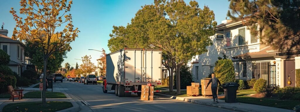 a bustling moving truck is parked in a tidy suburban driveway, with professional movers organizedly loading carefully wrapped furniture and boxes, all under the clear blue sky of a vibrant neighborhood.