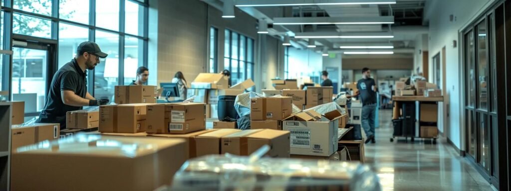 a bustling office environment in allentown, nj, showcases professional movers expertly packing and organizing boxes, exuding a sense of efficiency and teamwork during a busy relocation.