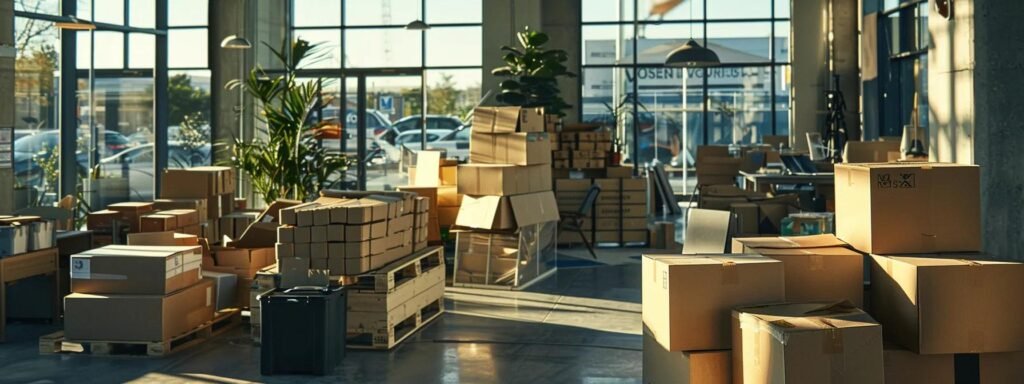 a bustling office environment showcases a team of professional movers efficiently coordinating a large-scale commercial relocation, with stacks of boxes organized for transport amidst the backdrop of a multi-story building.