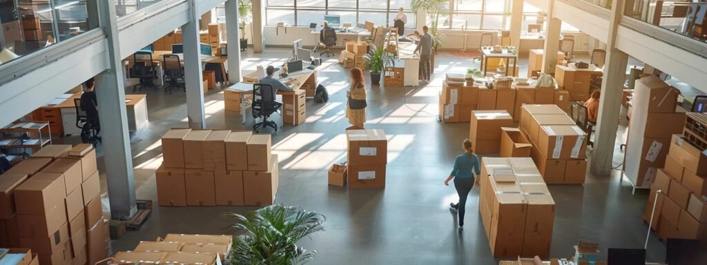 a bustling office environment showcases a professional moving team collaborating seamlessly, surrounded by packed boxes and moving equipment, highlighting their commitment to reliable service and customer satisfaction.