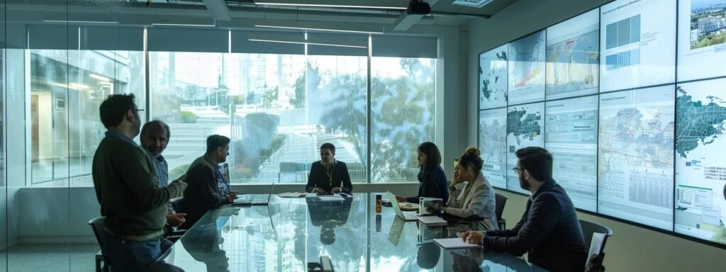 a bustling office environment features a diverse team gathered around a sleek conference table, intently discussing detailed relocation plans, with large maps and digital devices illuminated by bright overhead lights, conveying a sense of organized preparation for a seamless move.