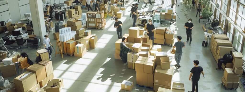 a bustling office environment captures a team of professionals meticulously packing and moving boxes, with organized equipment and a sense of urgency indicating a seamless transition to a new corporate space.