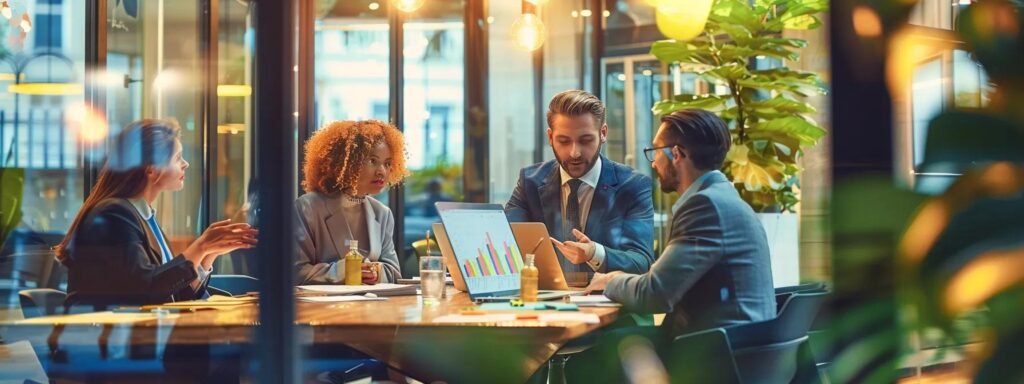 a bustling office setting features a diverse team of professionals engaged in discussions around a large table filled with color-coded charts and documents, visually emphasizing the complexities of cost structures and pricing in relocation services as they prepare for an upcoming move.