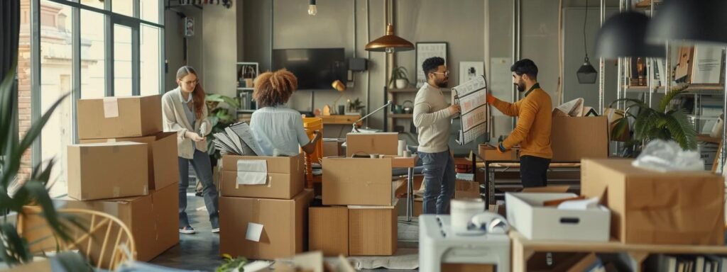 a bustling urban apartment interior shows a diverse group of professionals efficiently packing boxes and organizing their belongings, with moving supplies and a large 'moving day' checklist pinned on a wall, capturing a sense of preparation and teamwork.