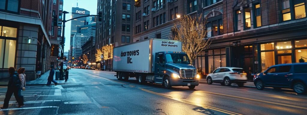 a bustling urban apartment exterior showcases a sleek moving truck emblazoned with "next door movers llc," as uniformed movers expertly load household furniture, encapsulating the essence of efficiency and professionalism in relocation services.