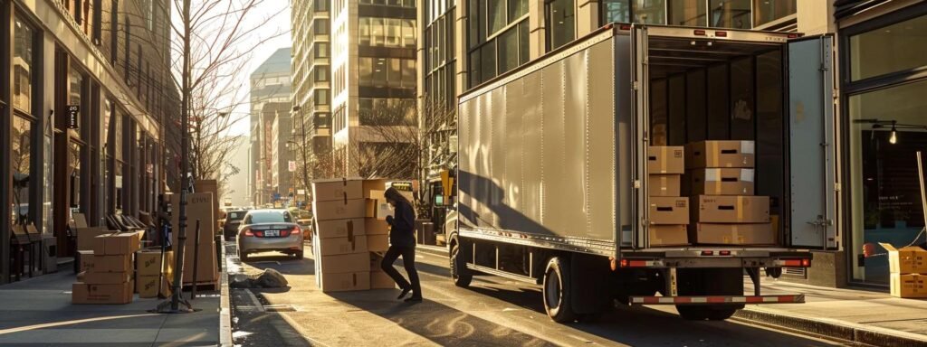 a bustling urban moving scene captures a team of professionals efficiently packing high-quality boxes and custom crates into a sleek moving truck, emphasizing precision and organization in their meticulous handling of fragile items.