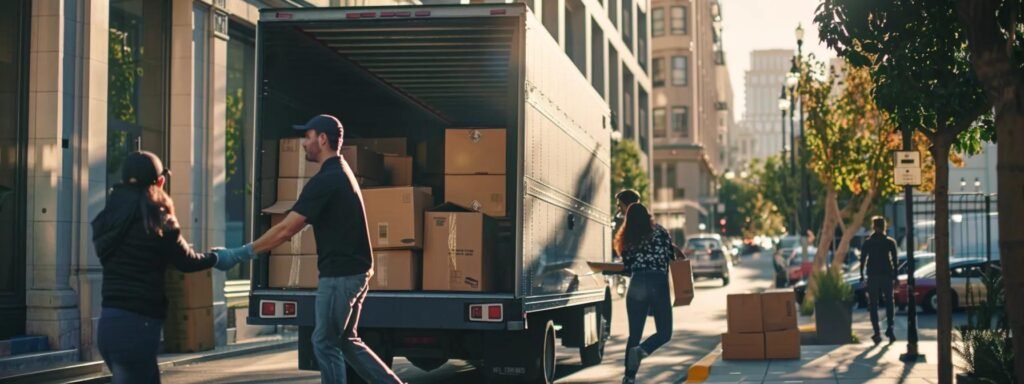 a bustling urban moving company scene captures a team of professional movers efficiently packing and lifting sturdy boxes into a sleek, modern truck, showcasing a commitment to quality and customer satisfaction in a well-organized office setting.