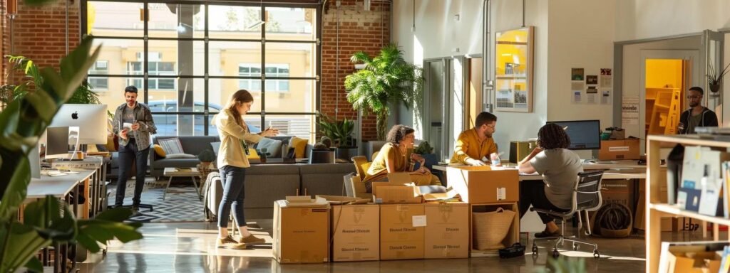 a bustling urban moving company office features a diverse team of professionals engaged in thorough discussions while reviewing customer testimonials and documents about reliable moving practices, surrounded by packing boxes and organized workstations.