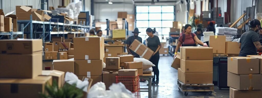 a bustling urban moving company office showcases a diverse team of professionals efficiently packing sturdy boxes with meticulous attention to organization, surrounded by packing materials and strategically labeled supplies.