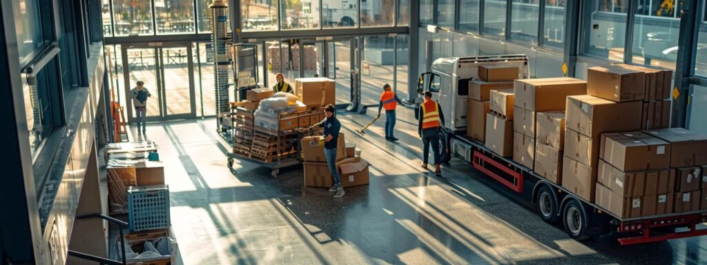 a bustling urban moving company office showcases professionals efficiently packing and loading boxes into a modern truck, emphasizing the seamless coordination and comprehensive services designed for hassle-free relocations.