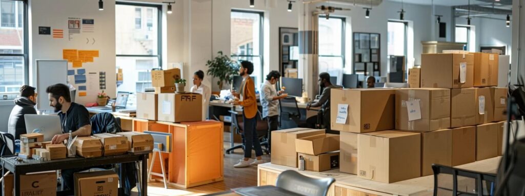 a bustling urban moving company office, brightly lit with sleek design elements, where team members efficiently discuss logistics and manage packing boxes, conveying a sense of urgency and commitment to rapid responses within 24 hours.