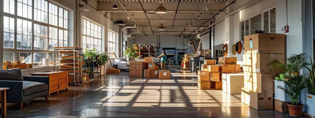 a bustling urban moving company workspace showcases professional movers efficiently packing boxes into a modern truck, highlighting their extensive service area around spring lake, nj.