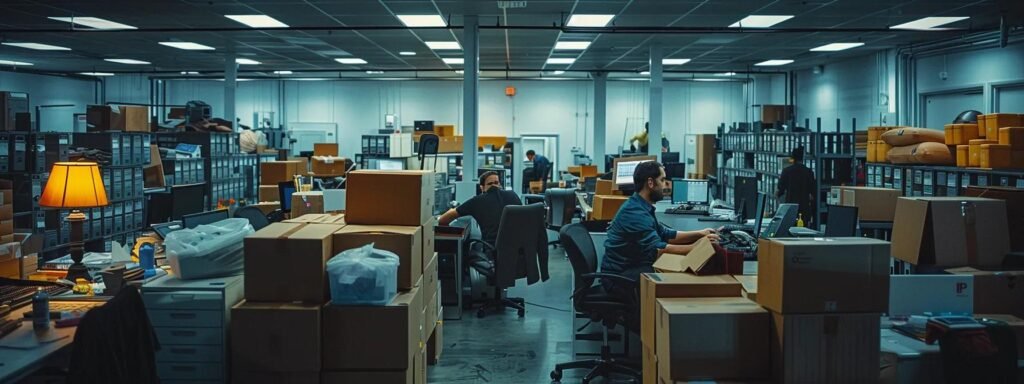 a bustling urban moving company office in sea girt, nj, showcases a team of focused movers coordinating logistics, surrounded by packed boxes and visible communication tools, all under bright fluorescent lights to emphasize efficiency and professionalism.