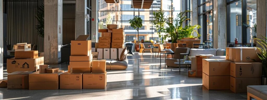 a bustling urban moving company orchestrates a seamless transition, with neatly packed boxes stacked in a modern office building lobby, while movers coordinate logistics with digital tablets amidst sleek, contemporary decor.