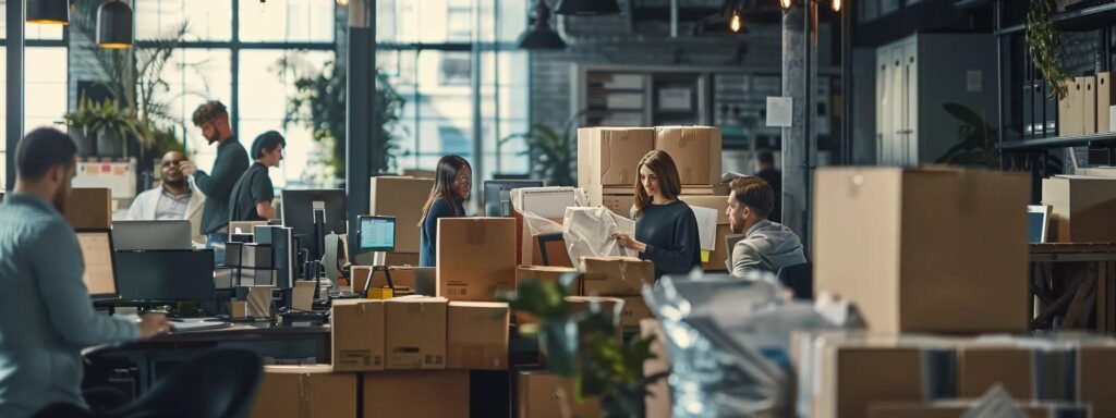 a bustling urban moving company office showcases a diverse team of professionals discussing detailed moving contracts, surrounded by neatly packed boxes labeled for different clients, emphasizing trust and comprehensive insurance coverage.