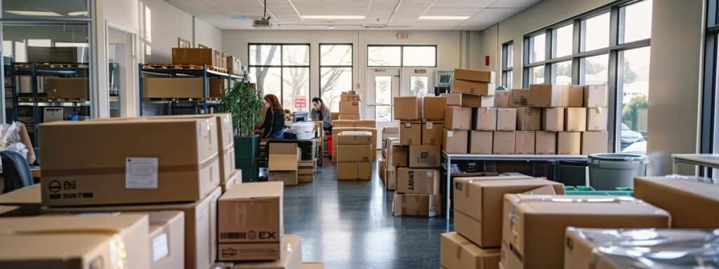 a bustling urban moving company office in spring lake, nj, showcases a dynamic scene of professionals efficiently packing and organizing boxes in preparation for a local residential move, filled with a sense of focus and teamwork.